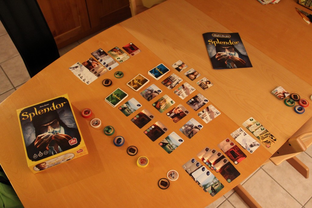 Vue d'ensemble de la première partie du jeu 'Splendor' Splendor